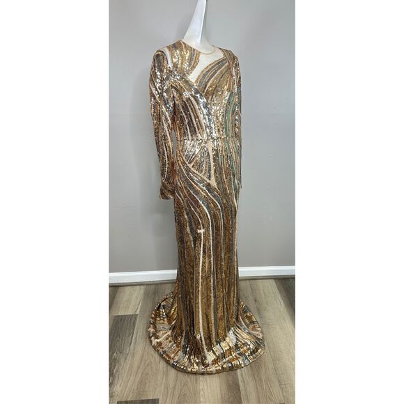 ELIE SAAB Sequin Embroidered Tulle Cutout Long-sleeve Gown In Gold FR40/US8 $732 - Picture 5 of 10
